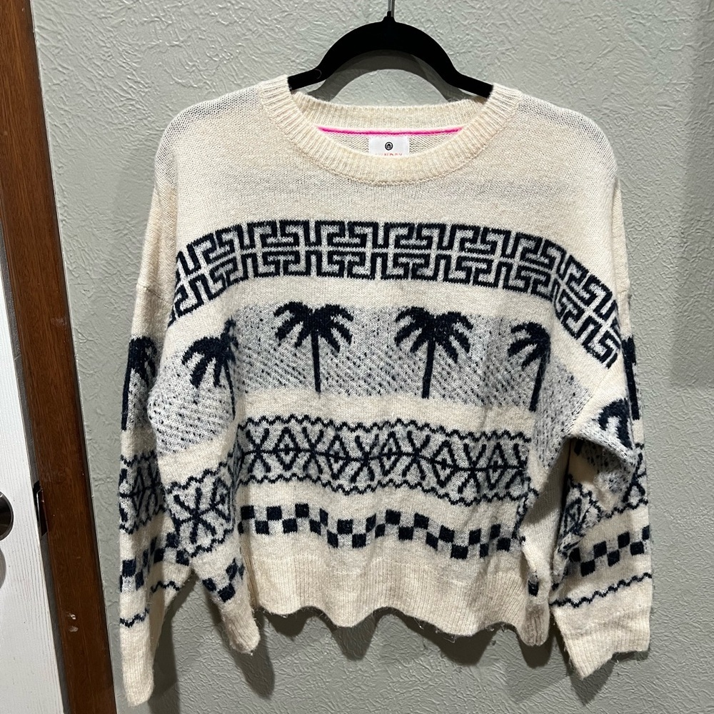 Sundry Size 2 Cream and Navy Palm Pattern Crewneck Sweater - Women Wool Blend